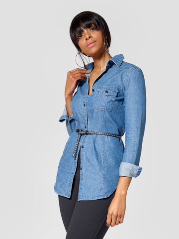 LifeShe Women's Long Sleeve Button Down Denim Shirt Ruffle Jean Shirts Tops  at Amazon Women's Clothing store