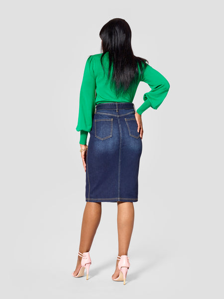 TallMoi denim tall skirt work by tall tall features tall skirts for women in the back view.