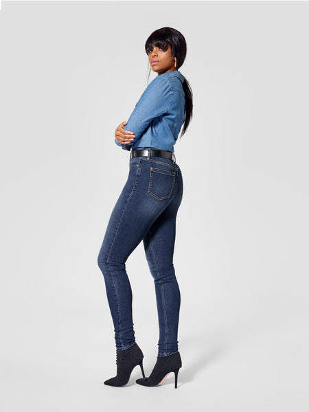 Back view of dark blue tall skinny jeans for tall women