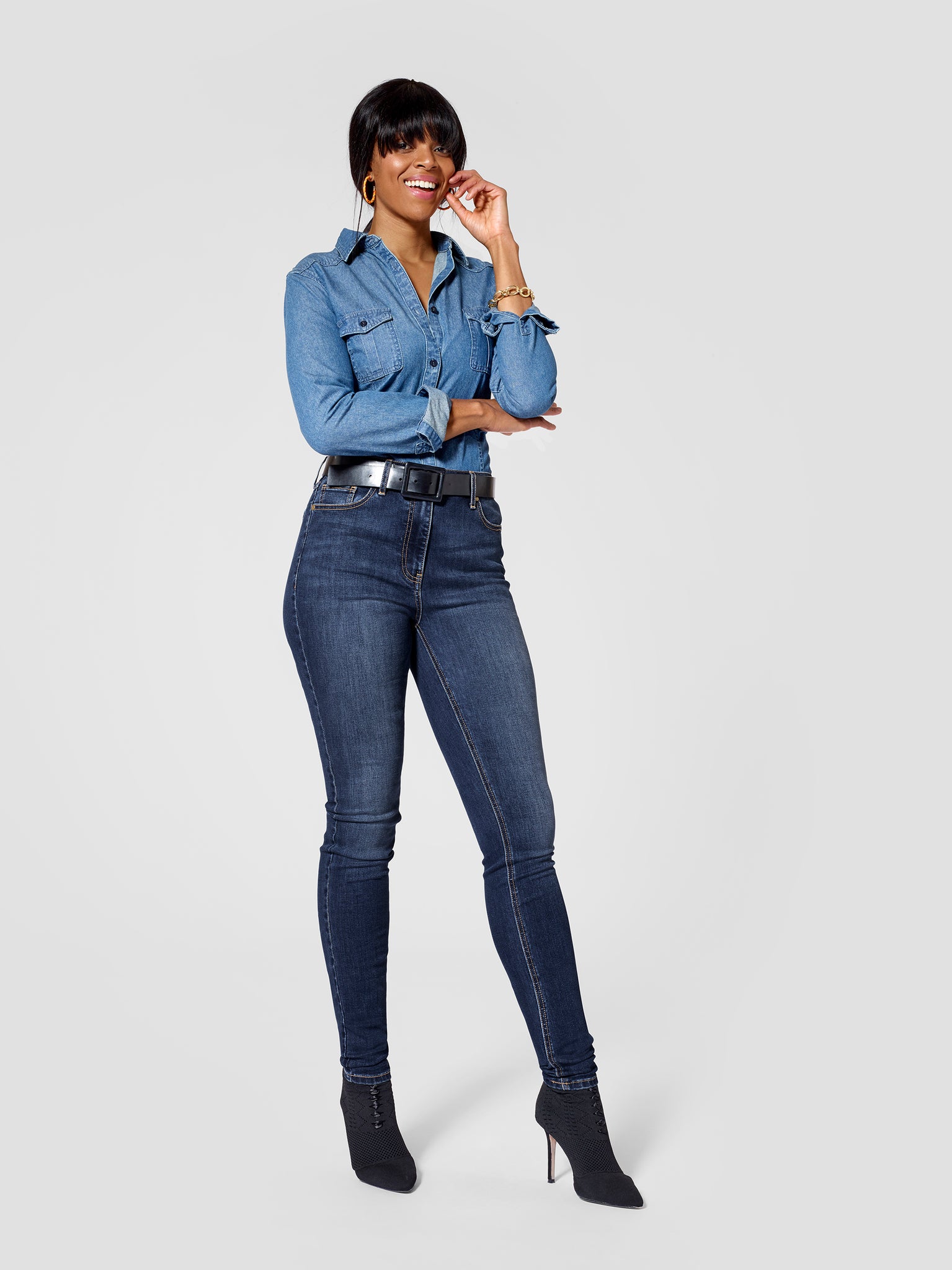 Front view of dark blue tall skinny jeans for tall women